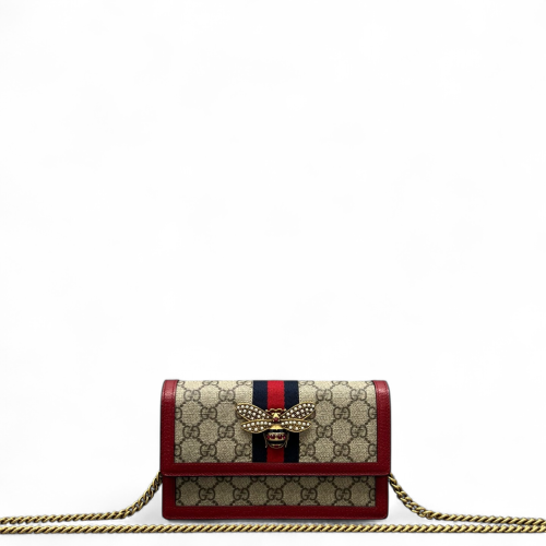 Gucci Queen Margaret Chain Wallet GG Supreme Monogram Beige Red Blue
