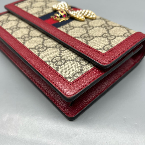 Gucci Queen Margaret Chain Wallet GG Supreme Monogram Beige Red Blue