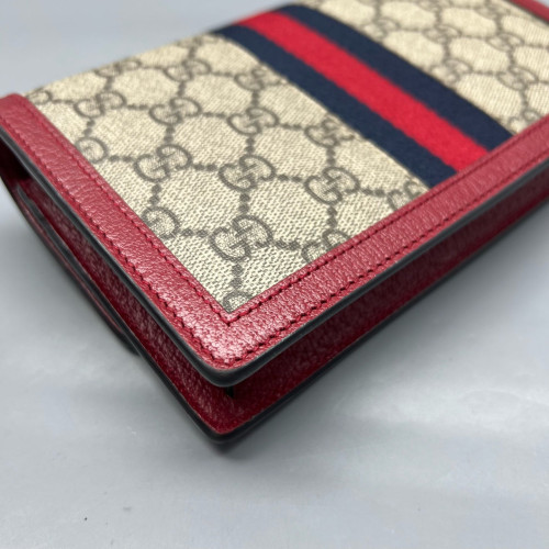 Gucci Queen Margaret Chain Wallet GG Supreme Monogram Beige Red Blue