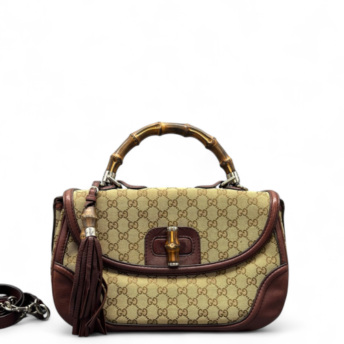Gucci Tassel Peggy Bamboo Top Handle Bag GG Supreme Monogram Beige Brown
