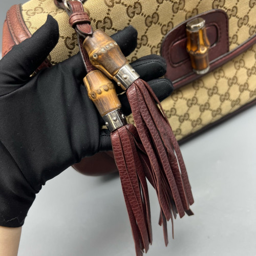 Gucci Tassel Peggy Bamboo Top Handle Bag GG Supreme Monogram Beige Brown