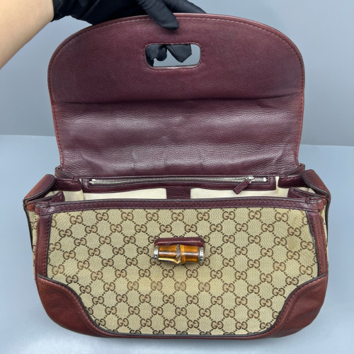 Gucci Tassel Peggy Bamboo Top Handle Bag GG Supreme Monogram Beige Brown