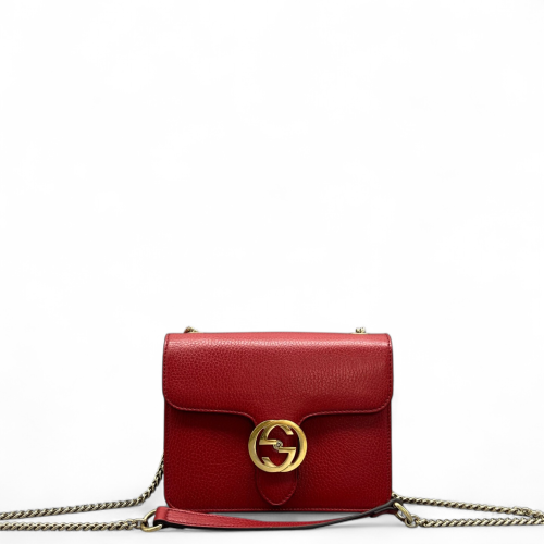 Gucci Small Interlocking G Shoulder Bag Grained Calfskin Red