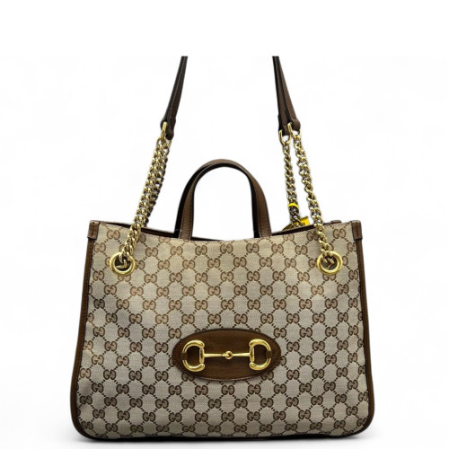 Gucci Medium Horsebit 1955 Tote GG Supreme Monogram Brown Beige