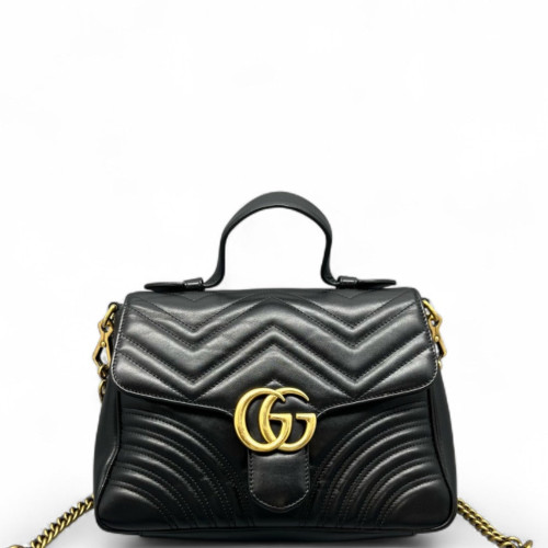Gucci Matelasse Small GG Marmont Top Handle Chain Shoulder Bag Calfskin Black