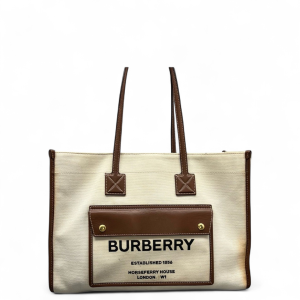 Burberry Medium Freya Tote Canvas Calfskin Beige Brown Burberry Medium Freya Tote Canvas Calfskin Beige Brown