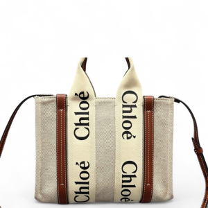 Chloe Small Woody Ribbon Tote Canvas Calfskin Beige Brown Black