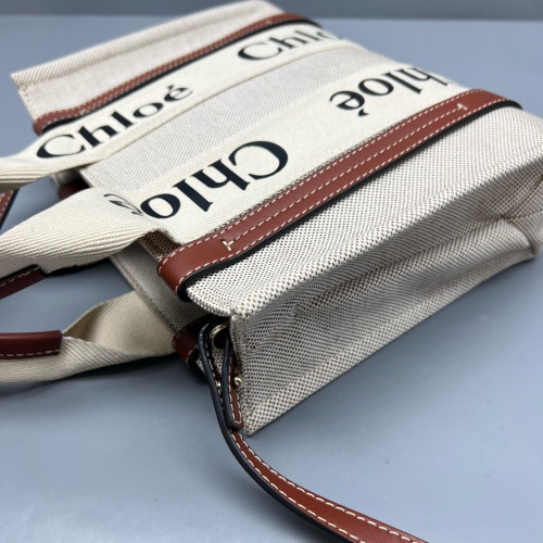 Chloe Small Woody Ribbon Tote Canvas Calfskin Beige Brown Black