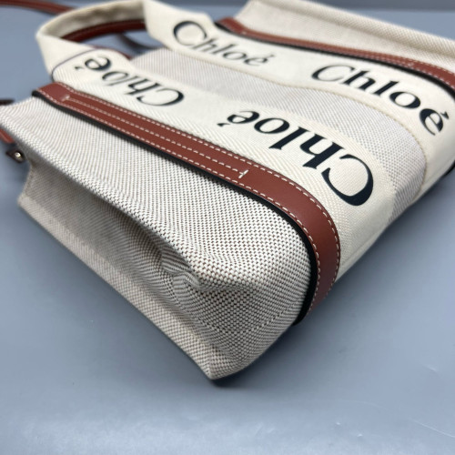 Chloe Small Woody Ribbon Tote Canvas Calfskin Beige Brown Black