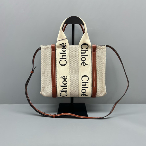 Chloe Small Woody Ribbon Tote Canvas Calfskin Beige Brown Black