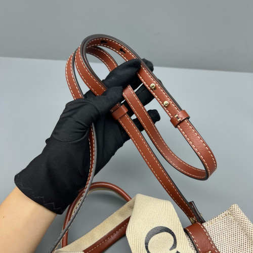 Chloe Small Woody Ribbon Tote Canvas Calfskin Beige Brown Black