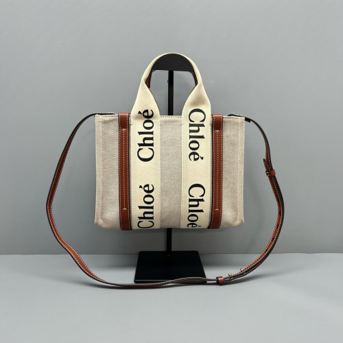 Chloe Small Woody Ribbon Tote Canvas Calfskin Beige Brown Black