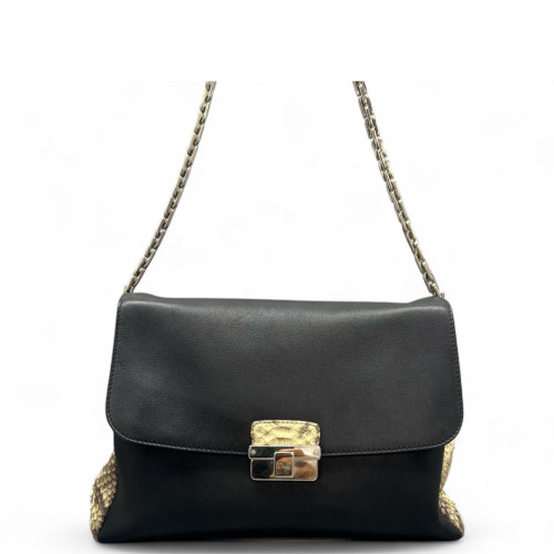 Dior Shoulder Bag Snakeskin Calfskin Black Beige