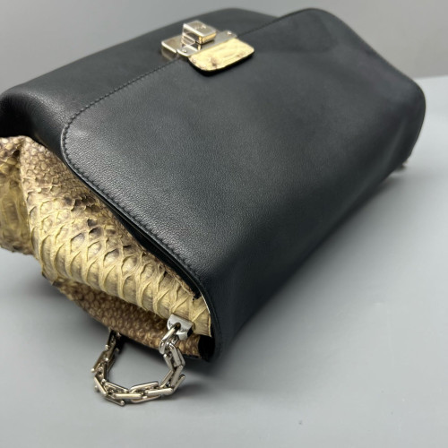 Dior Shoulder Bag Snakeskin Calfskin Black Beige