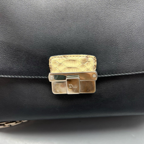 Dior Shoulder Bag Snakeskin Calfskin Black Beige