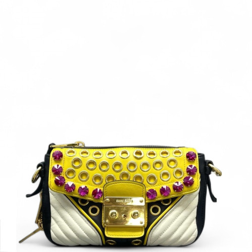 Miu Miu Crystal Shoulder Bag Calfskin Yellow White Black