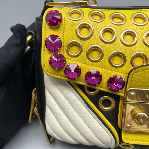 Miu Miu Crystal Shoulder Bag Calfskin Yellow White Black