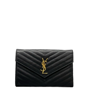 Yves Saint Laurent Envelope Wallet On Chain Shiny Caviar Calfskin Black