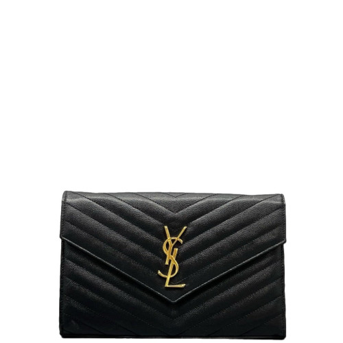 Yves Saint Laurent Envelope Wallet On Chain Shiny Caviar Calfskin Black