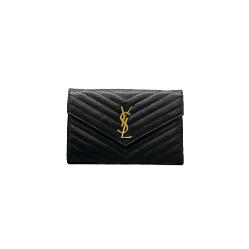 Yves Saint Laurent Envelope Wallet On Chain Shiny Caviar Calfskin Black