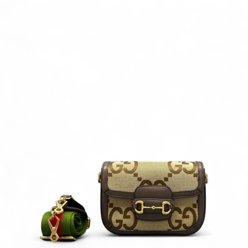 Gucci Mini Horsebit 1955 Canvas Monogram Jumbo GG Brown Beige