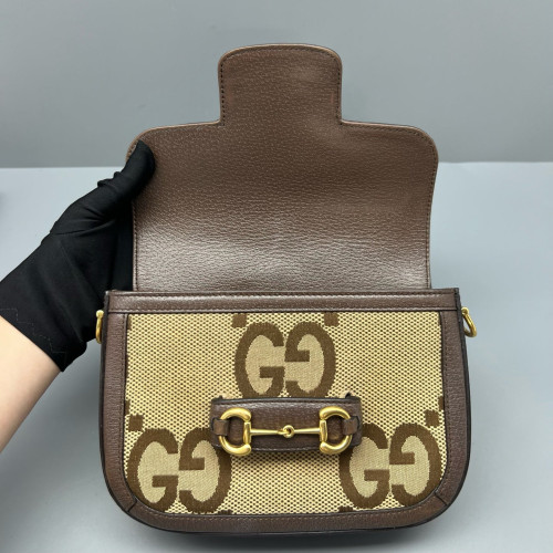 Gucci Mini Horsebit 1955 Canvas Monogram Jumbo GG Brown Beige