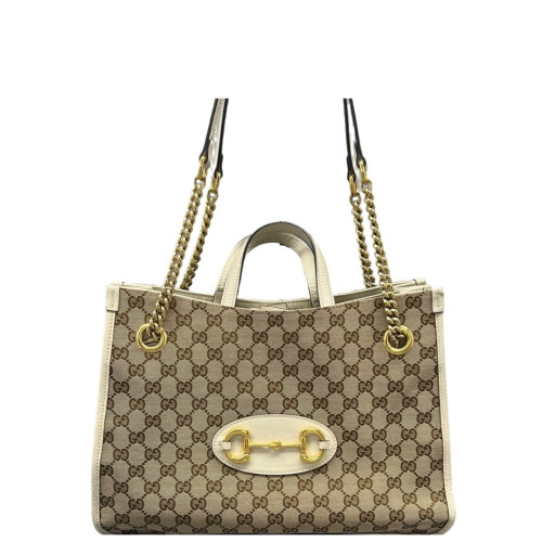 Gucci Medium Horsebit 1955 Tote GG Supreme Monogram Brown White