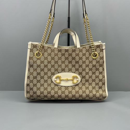 Gucci Medium Horsebit 1955 Tote GG Supreme Monogram Brown White