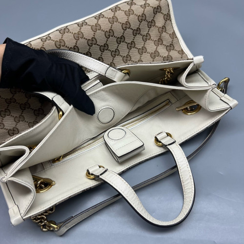 Gucci Medium Horsebit 1955 Tote GG Supreme Monogram Brown White