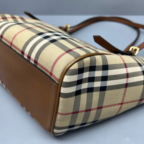 Burberry Tote Bag Haymarket Check Calfskin Beige Brown Black Burberry Tote Bag Haymarket Check Calfskin Beige Brown Black