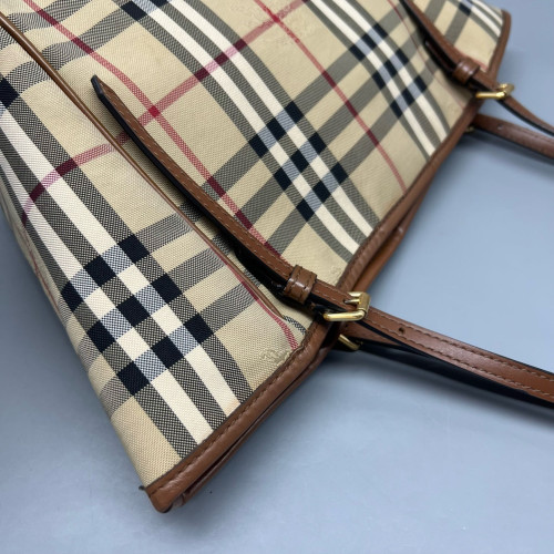 Burberry Tote Bag Haymarket Check Calfskin Beige Brown Black Burberry Tote Bag Haymarket Check Calfskin Beige Brown Black