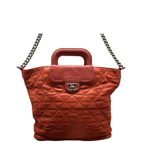 Chanel Quilted Large In The Mix Shopping Tote Calfskin Brick Red