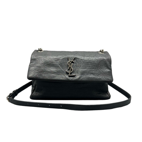 Yves Saint Laurent West Hollywood Shoulder Bag Medium Calfskin Crocodile Embossed Black