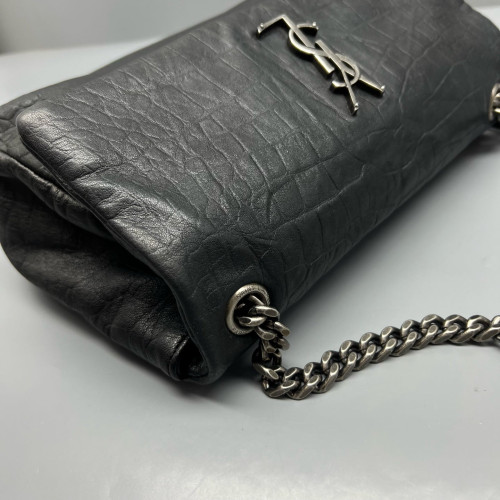 Yves Saint Laurent West Hollywood Shoulder Bag Medium Calfskin Crocodile Embossed Black