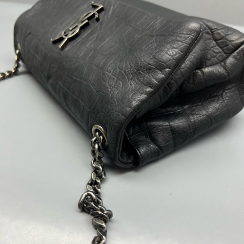 Yves Saint Laurent West Hollywood Shoulder Bag Medium Calfskin Crocodile Embossed Black