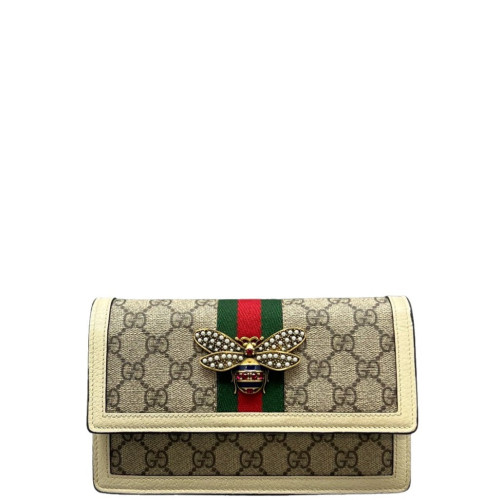Gucci Queen Margaret Chain Wallet GG Supreme Monogram Beige White Green