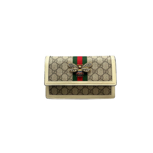 Gucci Queen Margaret Chain Wallet GG Supreme Monogram Beige White Green