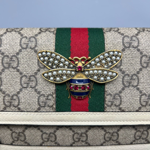 Gucci Queen Margaret Chain Wallet GG Supreme Monogram Beige White Green