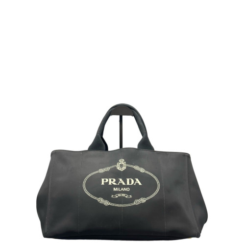 Prada Beach Tote Canvas Calfskin Black