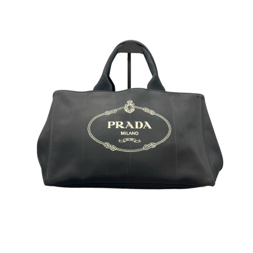 Prada Beach Tote Canvas Calfskin Black