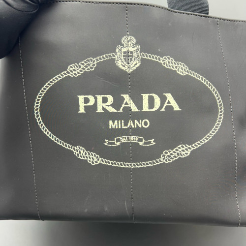 Prada Beach Tote Canvas Calfskin Black