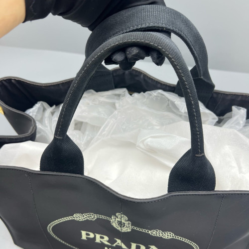 Prada Beach Tote Canvas Calfskin Black