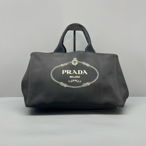 Prada Beach Tote Canvas Calfskin Black