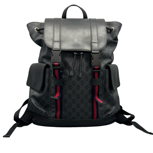 Gucci Double Buckle Backpack GG Supreme Monogram Calfskin Black