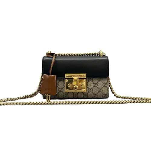 Gucci Small Padlock Shoulder Bag GG Supreme Monogram Black Brown