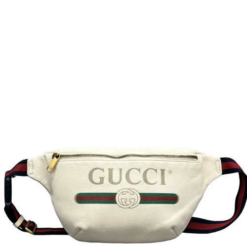 Gucci Logo Embossed Print Web Waist Belt Bag Calfskin White