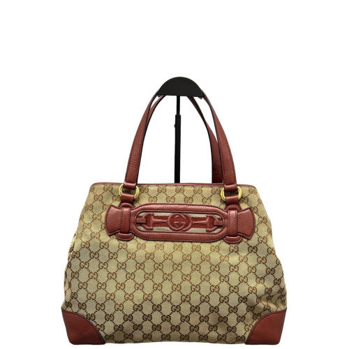 Gucci Tote Bag Canvas Calfskin GG Supreme Monogram Beige Brown Red