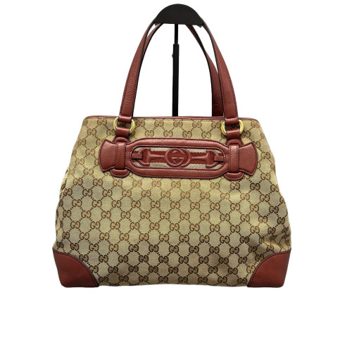 Gucci Tote Bag Canvas Calfskin GG Supreme Monogram Beige Brown Red