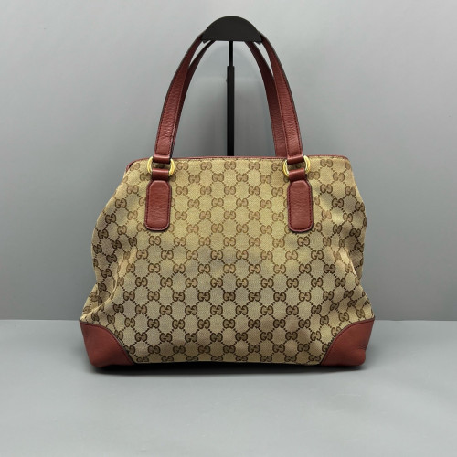 Gucci Tote Bag Canvas Calfskin GG Supreme Monogram Beige Brown Red