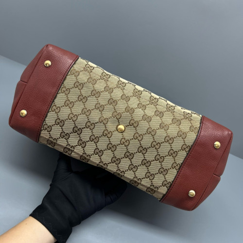 Gucci Tote Bag Canvas Calfskin GG Supreme Monogram Beige Brown Red